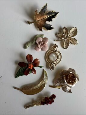 Mixed Floral & Leaf Vintage Brooch Lot - Gold, Pink, Red, Green
